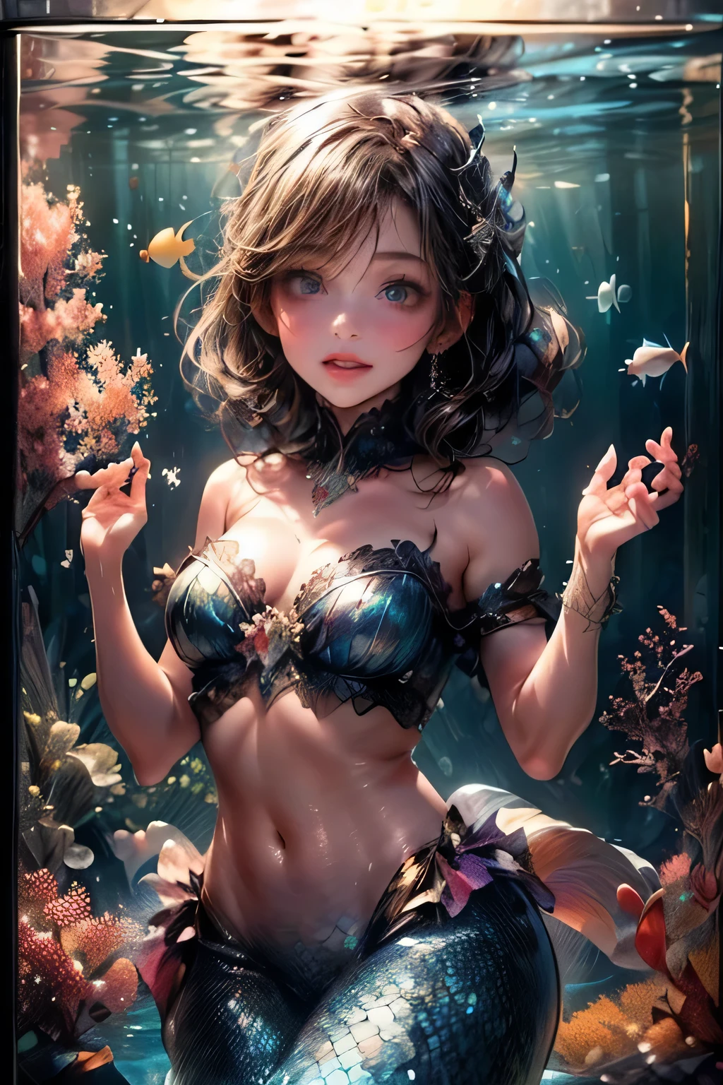 a cute girl,mermaid,floating in a large aquarium tank,joyful expression,half open mouth,bare shoulder,navel,strapless,detailed face,realistic,photorealistic,8k,highres,masterpiece,ultra-detailed,vivid colors,beautiful lighting,serene underwater scene