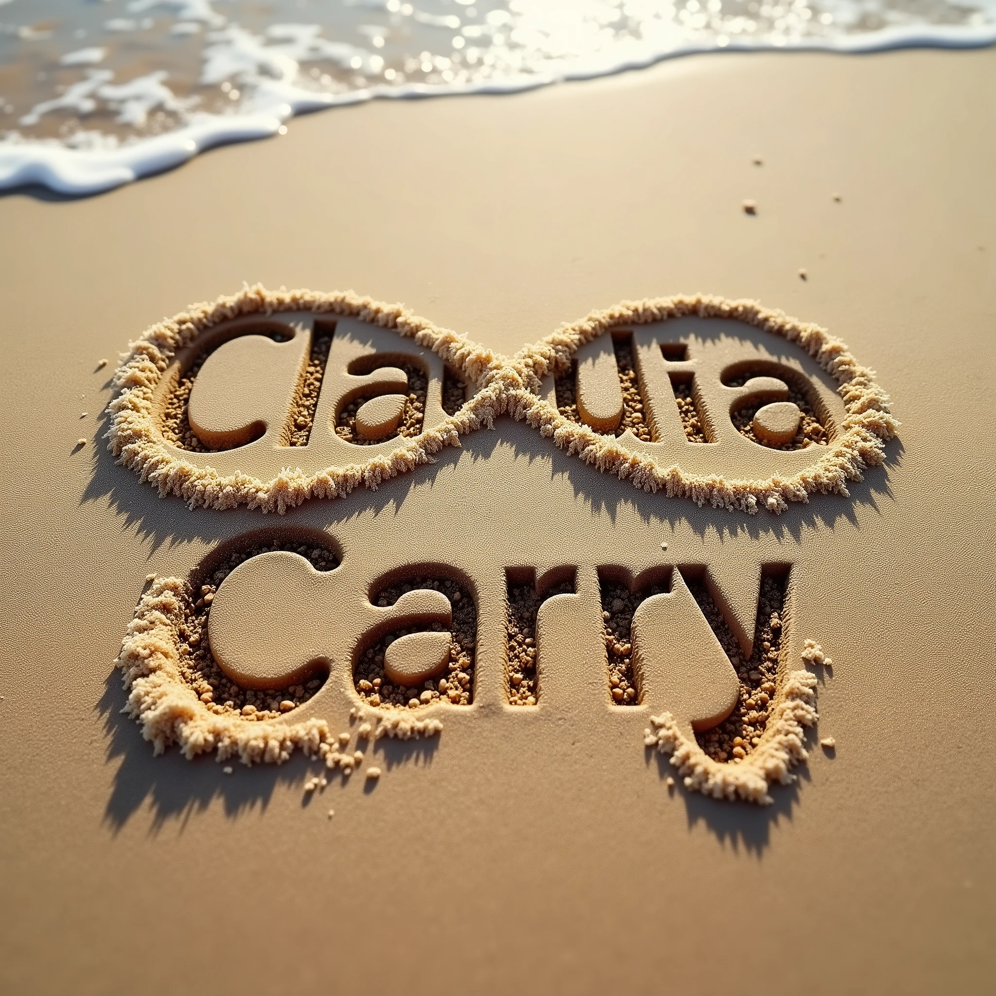 I want to create a logo with the names Claudia and Carry engraved in the sand with the infinity sign around the names.