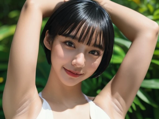 ((Highest quality)), ((masterpiece)), (detailed), (realistic, photo-realistic), (a beautiful Japanese woman), (micro bikini, curvy, short cut hair, orgasm face, arms up, topless), (Skin glistening with slimy sweat, Luminous skin, Shiny glowing skin),