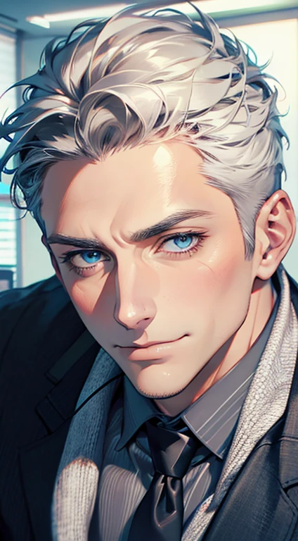 (best quality,4k,8k,highres,masterpiece:1.2),ultra-detailed,(realistic,photorealistic,photo-realistic:1.37),1 man,31 years old,mature man,very handsome,without expression,smile,short grey white hair,blue eyes,penetrating gaze,perfect face without errors,imposing posture,businessman,office background,cinematic lighting,hdr image