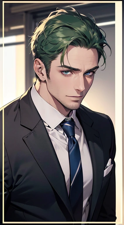 (best quality,4k,8k,highres,masterpiece:1.2),ultra-detailed,(realistic,photorealistic,photo-realistic:1.37),1 man,31 years old,mature man,very handsome,without expression,smile,short green hair,blue eyes,penetrating gaze,perfect face without errors,imposing posture,businessman,office background,cinematic lighting,hdr image