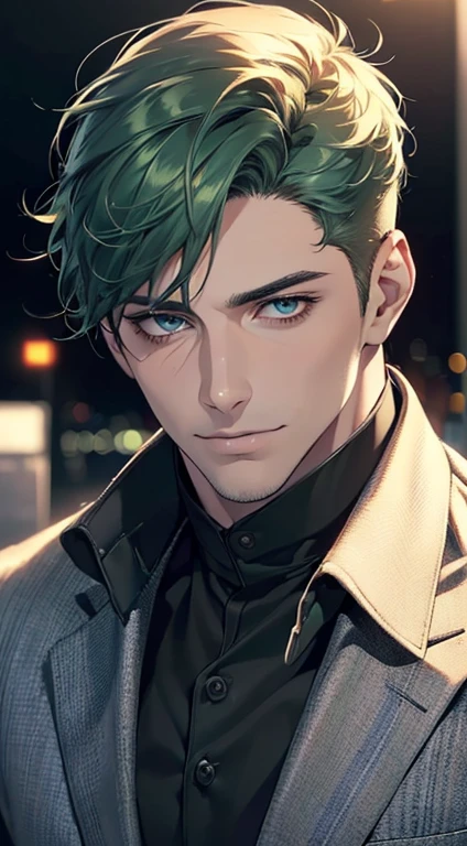 (best quality,4k,8k,highres,masterpiece:1.2),ultra-detailed,(realistic,photorealistic,photo-realistic:1.37),1 man,31 years old,mature man,very handsome,without expression,smile,short green hair,blue eyes,penetrating gaze,perfect face without errors,imposing posture,businessman,office background,cinematic lighting,hdr image