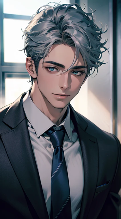 (Highest quality,4K,8K,High resolution,masterpiece:1.2),Super detailed,(Realistic,photoRealistic,photo-Realistic:1.37),1 person,31 years old, Men,Beautiful skin、very handsome,Expressionless smile in love,Short gray blue hair,green eyes,Sharp Eyes,A perfect face without a doubt,Businessman,Office Background,Cinema Lighting,HDR image,tie、