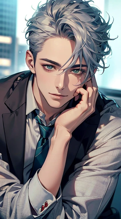 (Highest quality,4K,8K,High resolution,masterpiece:1.2),Super detailed,(Realistic,photoRealistic,photo-Realistic:1.37),1 person,31 years old,Mature Men,Beautiful skin、very handsome,Expressionless smile in love,Short gray blue hair,green eyes,Sharp Eyes,A perfect face without a doubt,Businessman,Office Background,Cinema Lighting,HDR image,tie、