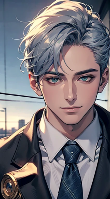 (Highest quality,4K,8K,High resolution,masterpiece:1.2),Super detailed,(Realistic,photoRealistic,photo-Realistic:1.37),1 person,31 years old,Mature Men,Beautiful skin、very handsome,Expressionless smile in love,Short gray blue hair,green eyes,Sharp Eyes,A perfect face without a doubt,Businessman,Office Background,Cinema Lighting,HDR image,tie、