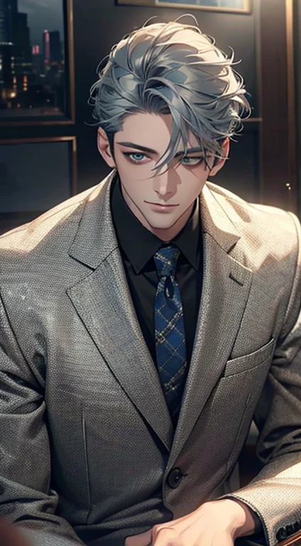 (Highest quality,4K,8K,High resolution,masterpiece:1.2),Super detailed,(Realistic,photoRealistic,photo-Realistic:1.37),1 person,31 years old,Mature Men,Beautiful skin、very handsome,Expressionless smile in love,Short gray blue hair,green eyes,Sharp Eyes,A perfect face without a doubt,Businessman,Office Background,Cinema Lighting,HDR image,tie、