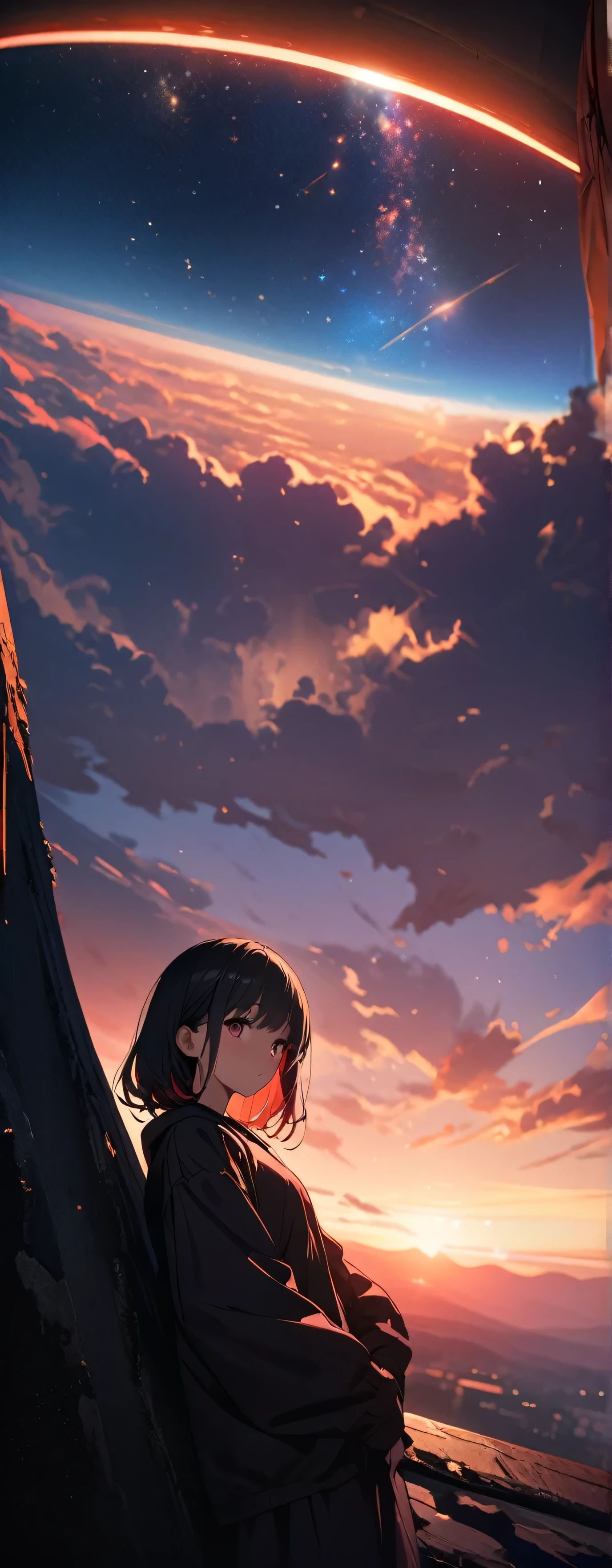15 years old, (beautiful girl: 1.3),1girl,masterpiece, Highest quality, Ultra-high resolution,Rich contrast,super high quality,8k,Highly detailed CG unit wallpaper,texture,Incredibly absurd,Ultra-high resolution,RAW Photos,Depth of Field 1.2,Beautiful starry sky,Cast a Shadow,overlooking,(magnificent panorama view:1.3)