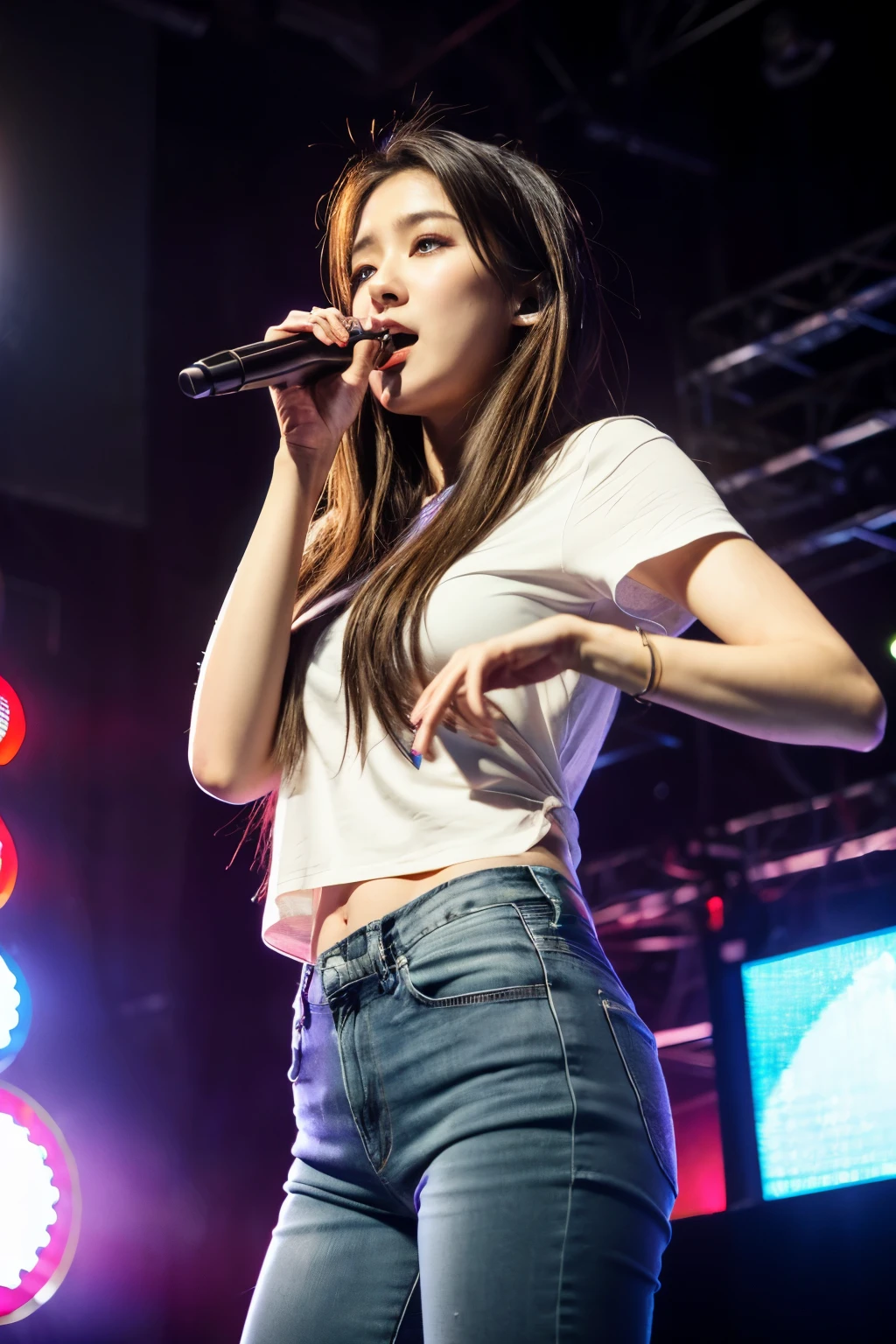 HDR((best quality)), ((masterpiece)), (detailed), very beautiful woman(medium fat body), long hair, wearing a black t-shirts and jeans, she is going to singing(hanging a mic), performe on the stages, the bands, sound system, the lights, concert(realistic)