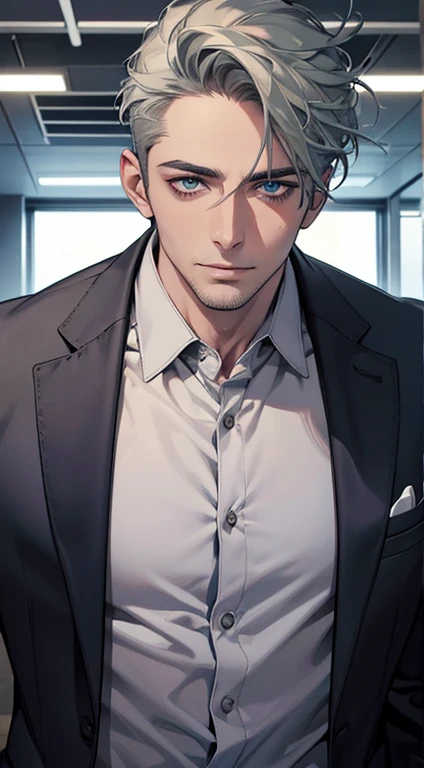 (best quality,4k,8k,highres,masterpiece:1.2),ultra-detailed,(realistic,photorealistic,photo-realistic:1.37),1 man,31 years old,mature man,very handsome,without expression,smile,short grey green hair,blue eyes,penetrating gaze,perfect face without errors,imposing posture,businessman,office background,cinematic lighting,hdr image