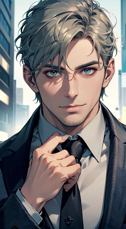 (best quality,4k,8k,highres,masterpiece:1.2),ultra-detailed,(realistic,photorealistic,photo-realistic:1.37),1 man,31 years old,mature man,very handsome,without expression,smile,short grey green hair,blue eyes,penetrating gaze,perfect face without errors,imposing posture,businessman,office background,cinematic lighting,hdr image