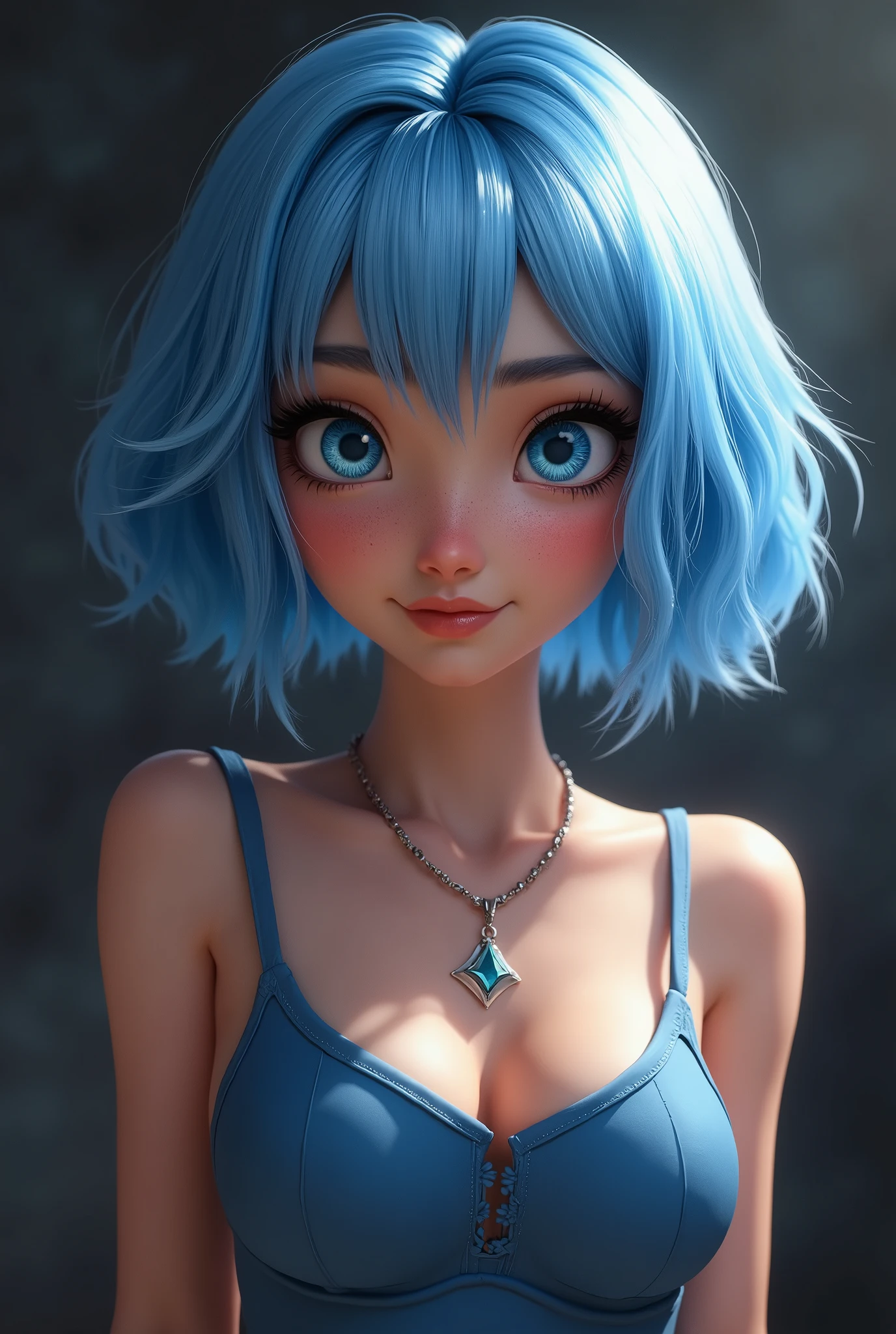 (Highest quality, 8k, 32K, masterpiece, Ultra-high resolution:1.2),Cute 18-year-old American woman image, Large Breasts, Very short bob hair,Full body model pose,(one piece,1.1) necklace, background, View your viewers, (((Silver streaks in blue hair))), (((Bright light blue eyes))) (((Award-winning details)) ((The atmosphere of the Disney movie Descendants)))