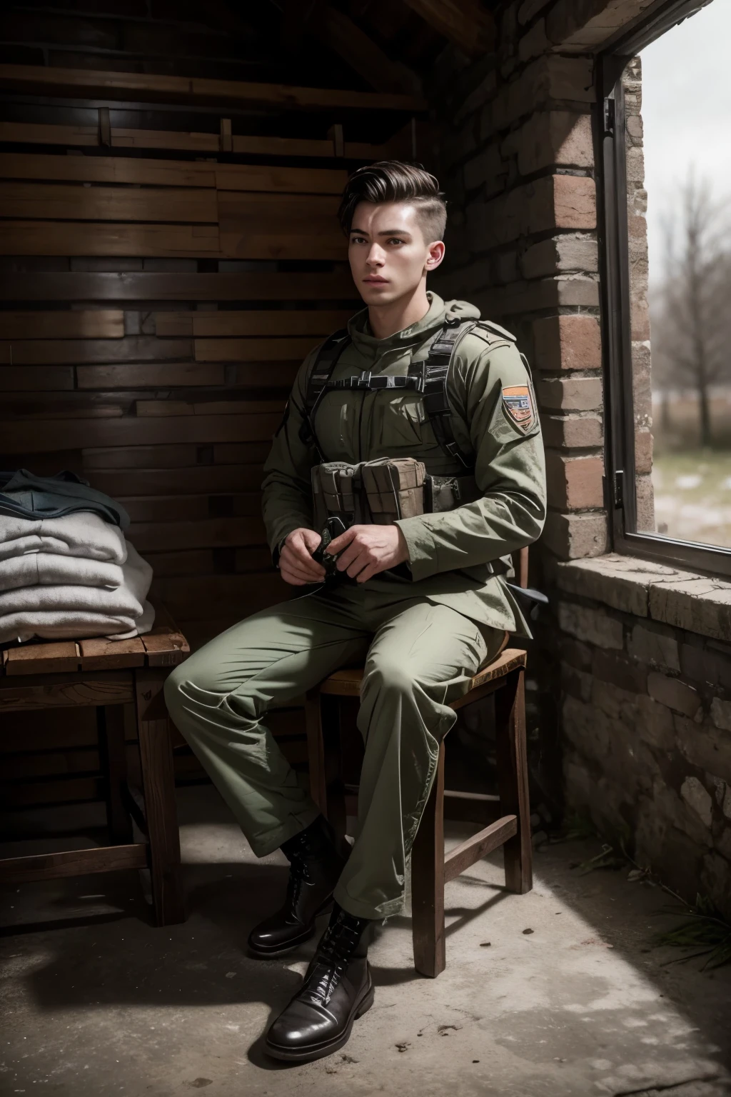 soldier sitting in the powder magazine receiving clothes