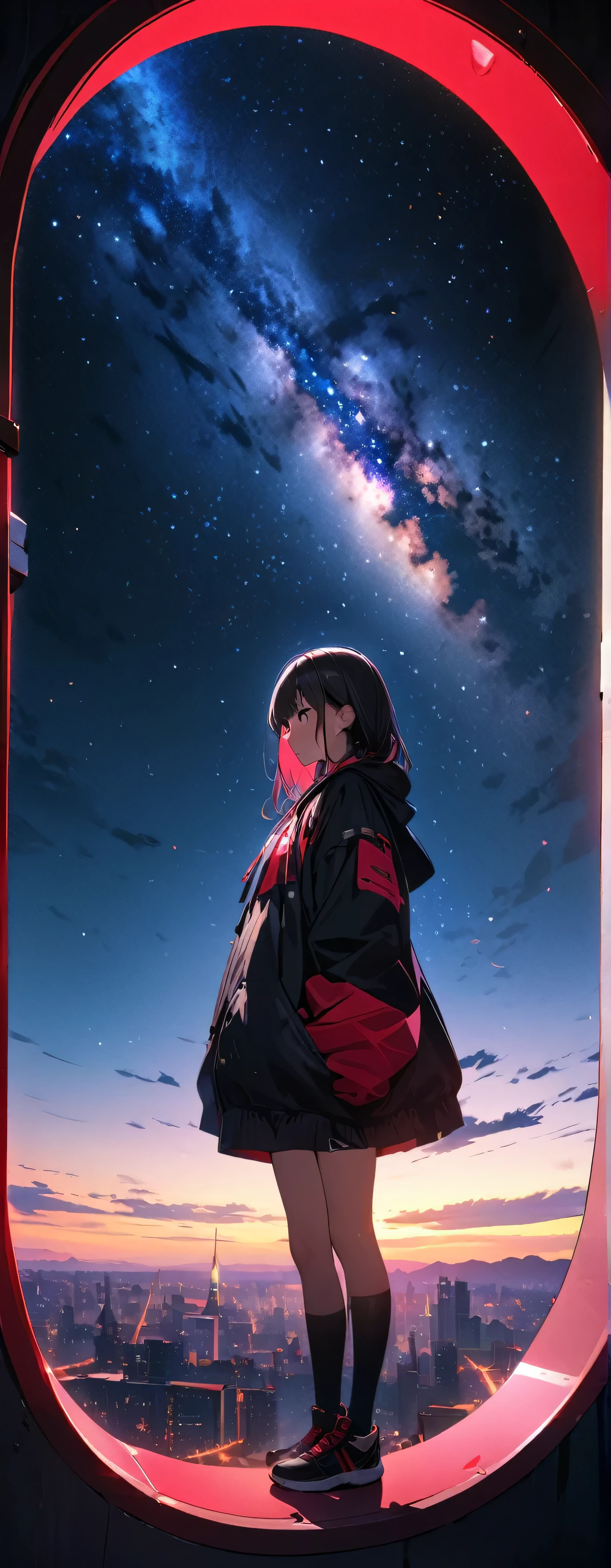 15 years old, (beautiful girl: 1.3),1girl,masterpiece, Highest quality, Ultra-high resolution,Rich contrast,super high quality,8k,Highly detailed CG unit wallpaper,Ultra-high resolution,RAW Photos,
Depth of Field 1.2,Beautiful starry sky,Cast a Shadow,overlooking,(magnificent panorama view:1.3)