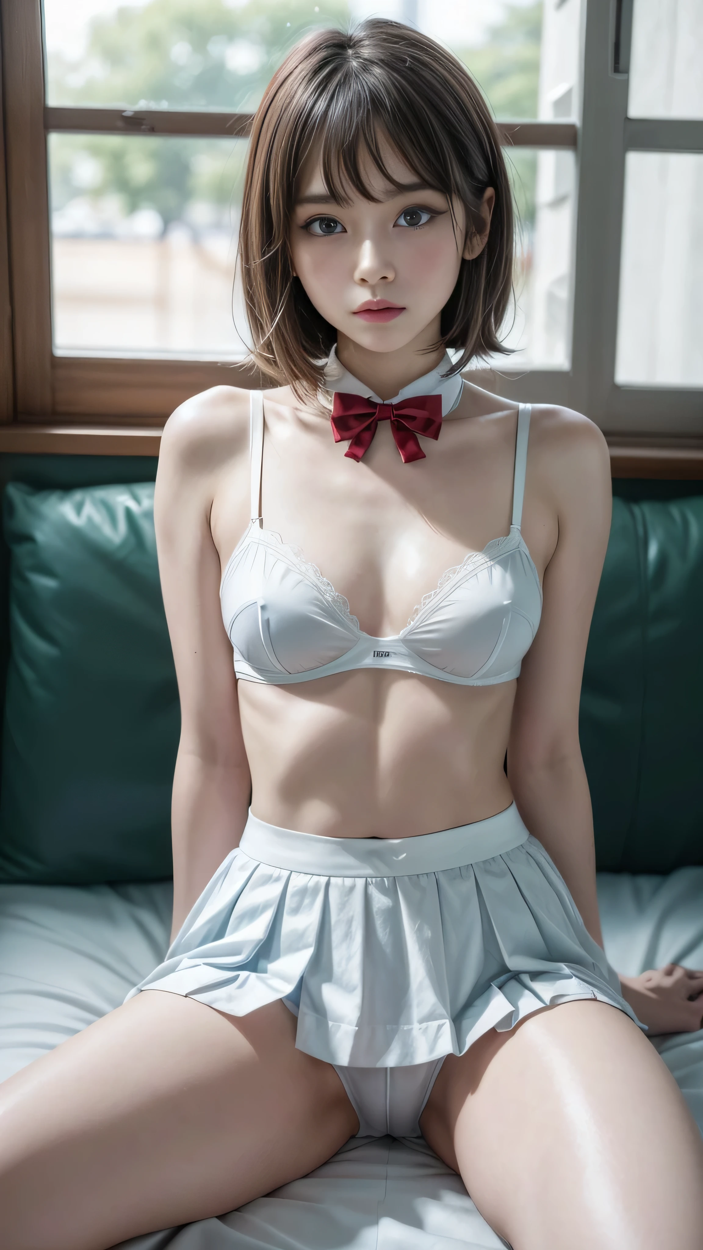 High resolution、High resolution、in 8K、Real Live Action、RAWphotographgraphy、Highest quality、masterpiece、Tabletop、erotic、young、student、White bra,White skin,knees、Detailed Panty Pattern、Panty Focus、White lace panties、absurdes,Small face、part your bangs in the middle、The forehead is visible,(Cold look<Squinting my eyes,Glare,strong,Light anger)、masterpiece,Highest quality、超High resolution,RAWphotograph,only,Beautiful poop,one person, one personで,Dark look,Small breasts,whole body、very nice、JK Uniform,(Realistic:1.37)、Photon Mapping,Light blue ribbon,Realistic、Cute Face,Brown eye、12 years、(Red bow tie)、Physics-based only dulling、prospect、Written boundary depth、Blurred Background、photograph,We、body,Beautiful legs, Long legs, Thin legs,Bobcut,(I can see the bangs), lips, green_eye, Nose Soft,(White shirt with open neck), (Navy Pleated Skirt(Please lift your skirt、White panties are visible), I can see the knees,See-through clothing,Cute Japan、Sparkling eyes、Glossy lips、Dynamic pose,Short white socks、Spread your legs wide