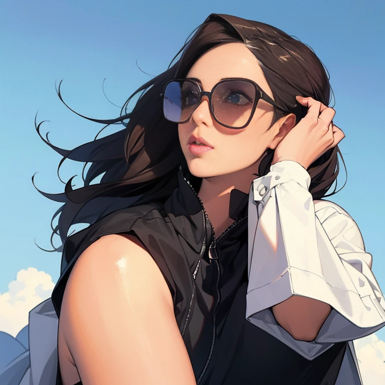 , A girl with one sunglasses perched on her forehead,