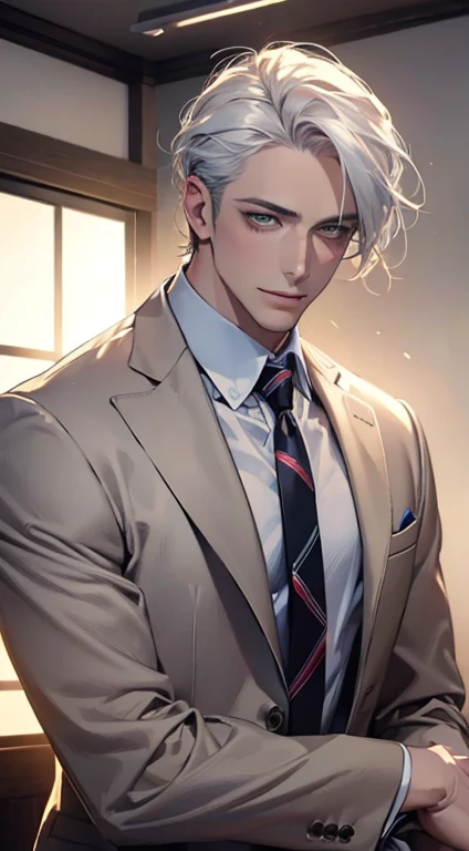 (Highest quality,4K,8K,High resolution,masterpiece:1.2),Super detailed,(Realistic,photoRealistic,photo-Realistic:1.37),1 person,34 years old,Mature Men,Beautiful skin、very handsome,Expressionless smile in love,Short white hair,green eyes,Sharp Eyes,A perfect face without a doubt,Businessman, CEO, Office Background,Cinema Lighting,HDR image,tie、