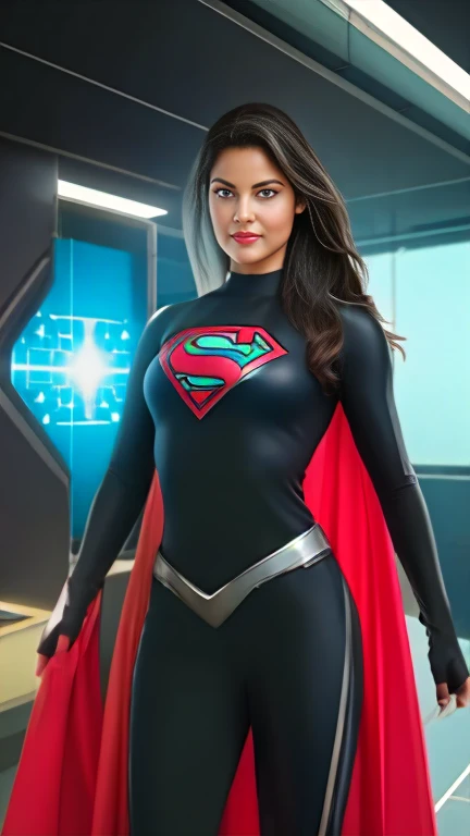 Create a realistic illustration of a unique and powerful superheroine. It should be inspiring and represent strength, courage and determination. Imagine a character with extraordinary abilities and a distinctive costume with two "s" como simbolo que reflete sua personalidade e poderes. Detail the appearance of the superheroine, com cabelos claros, olhos castanhos claros, A confident smile and cheerful expression. Levante-a na frente, destacando sua postura heroica. No fundo, Create a scenario that represents an advanced Internet technology environment. It could be a high-tech lab or a modern cityscape. Be sure to incorporate elements that underscore the scene of detail to convey the idea that this superheroine is ready to take on challenges in a technology-driven virtual world. A paleta de cores deve ser vibrante e futurista, adding a touch of modernity to the presence of IT technology, Like a futuristic office, holograms or innovative technological devices. compositing. Emphasis on the interaction between the superheroine and the technological environment around her, creating a captivating visual narrative that underscores their heroic mission in this modern context.