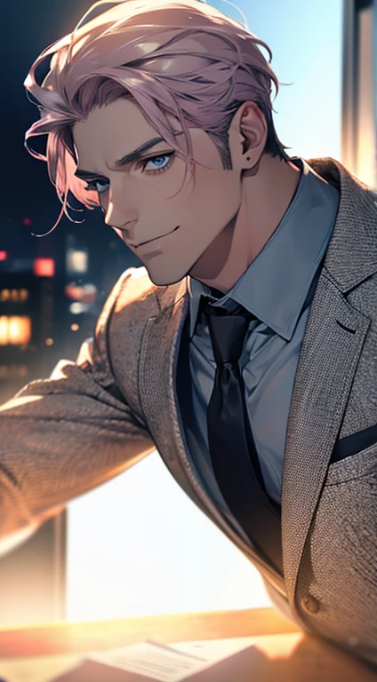 (best quality,4k,8k,highres,masterpiece:1.2),ultra-detailed,(realistic,photorealistic,photo-realistic:1.37),1 man,31 years old,mature man,very handsome,without expression,smile,short grey pink hair,blue eyes,penetrating gaze,perfect face without errors,imposing posture,businessman,office background,cinematic lighting,hdr image