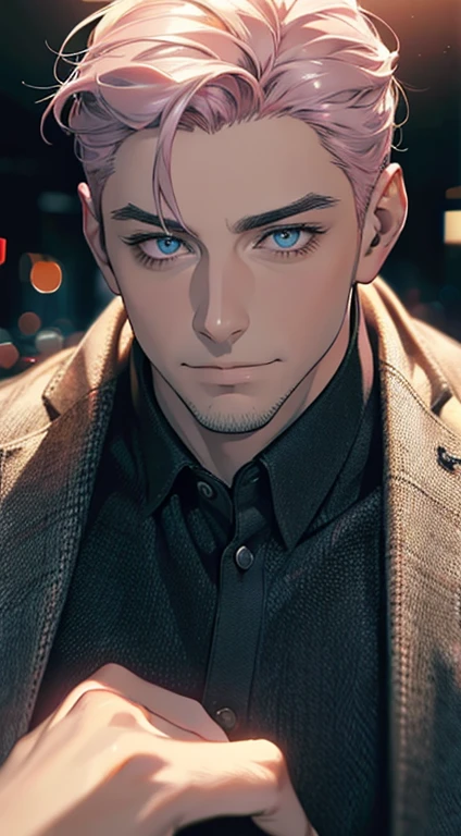(best quality,4k,8k,highres,masterpiece:1.2),ultra-detailed,(realistic,photorealistic,photo-realistic:1.37),1 man,31 years old,mature man,very handsome,without expression,smile,short grey pink hair,blue eyes,penetrating gaze,perfect face without errors,imposing posture,businessman,office background,cinematic lighting,hdr image