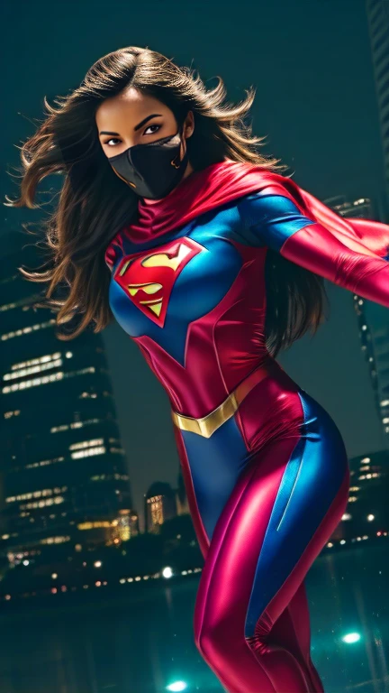 a girl dressed in a tight superhero suit, extremely detailed suit design, powerful and confident, dynamic pose, shining armor, flowing cape, intense and vivid colors, professional studio lighting, realistic rendering:1.3, high-res image, sharp focus, glossy and metallic texture, urban cityscape background, dramatic lighting, superhero emblem on the chest, striking mask with detailed eye area, muscular physique, athletic build, vibrant and energetic, action-packed scene, dynamic movement, heroic and determined expression, intense eyes, flowing hair, high-tech gadgets and weapons, super strength and agility, flying in mid-air, saving the day.