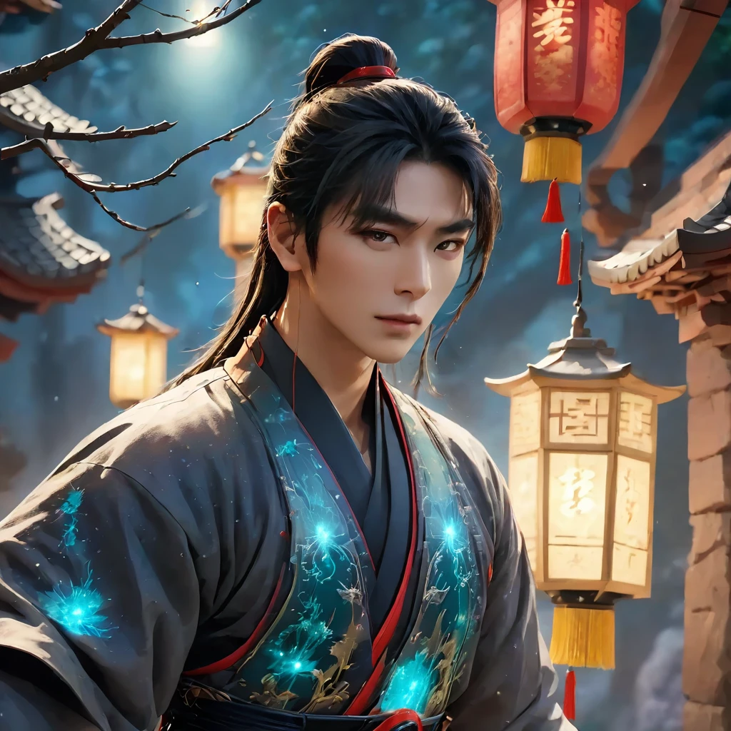 One realistic Samurai male with red eyes and muscular body with long hair in ancient attire, magical aura emitting magic,  flying in a magical fantasy world at night, lanterns.