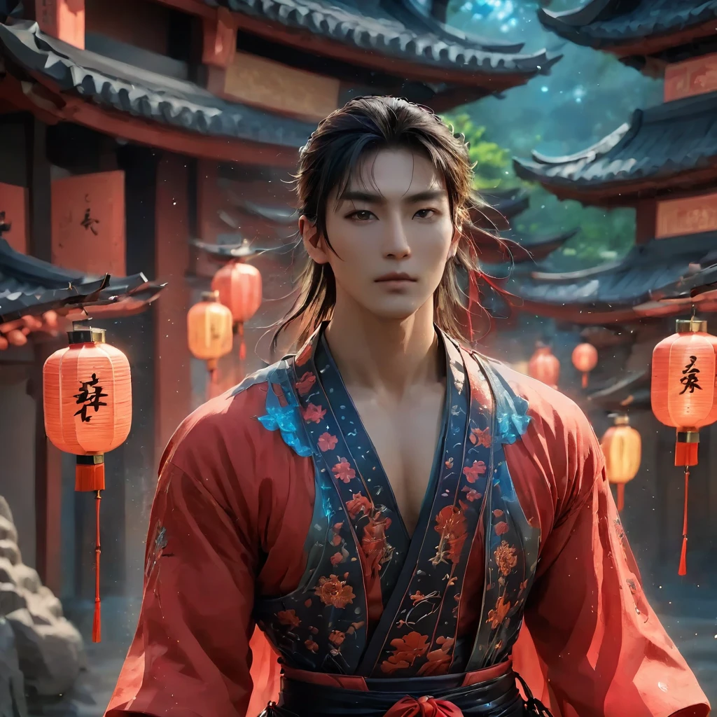 One realistic Samurai male with red eyes and muscular body with long hair in ancient attire, magical aura emitting magic,  flying in a magical fantasy world at night, lanterns.