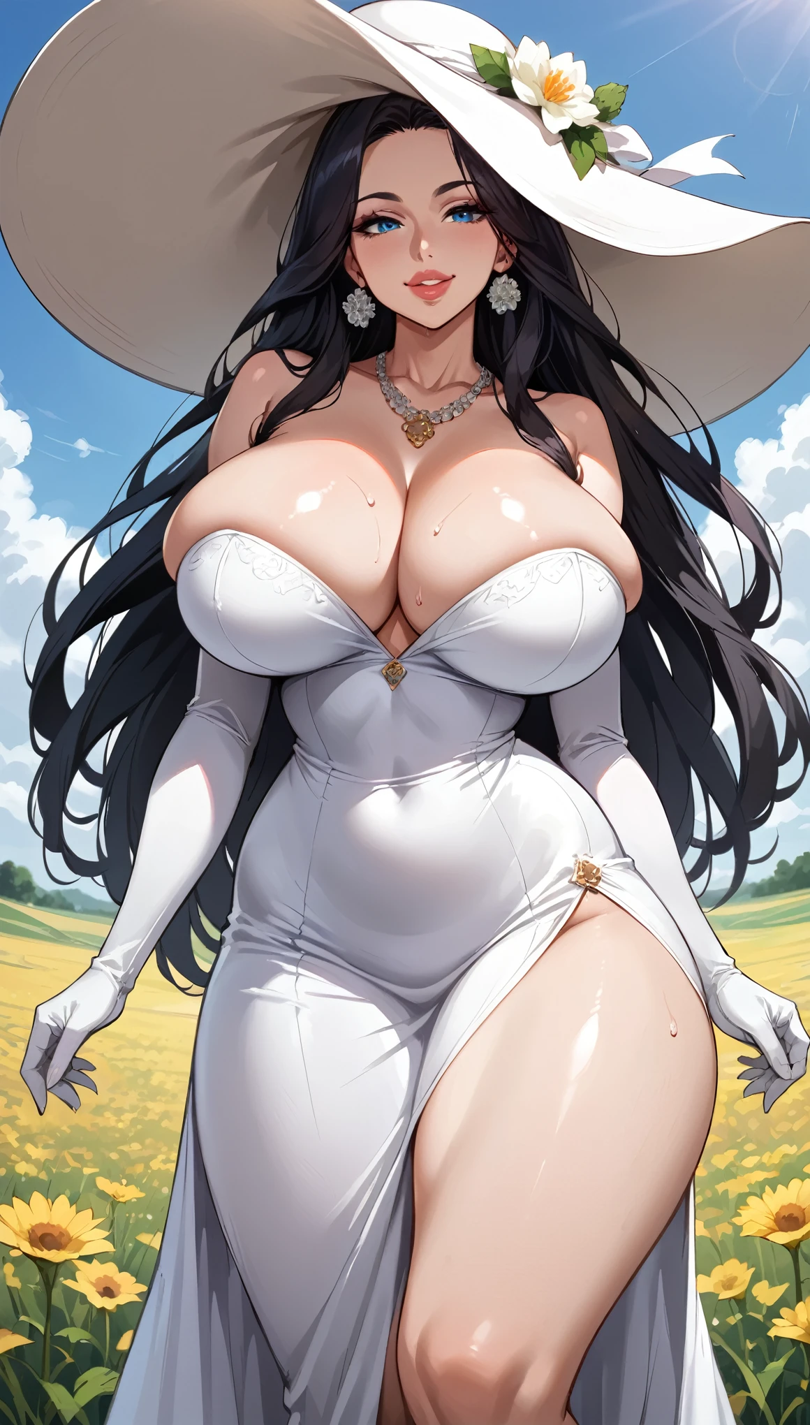 mature female, mom, milf, 40 year old woman, very long black hair, straight hair, blue eyes, ((thick lips)), (puffy lips), smile, parted lips, makeup, tall, wide waist, ((wide hips)), ((thick thighs)), long legs, (huge breasts), (cleavage), tall, oily breasts, (big hat), white dress, arm gloves, big earrings, necklace, outdoors, field, flower field, (sexy pose), dynamic pose, hip and thigh focus, sweating, oily breasts, realistic lighting, head tilt, painted nails, (from below), dutch angle