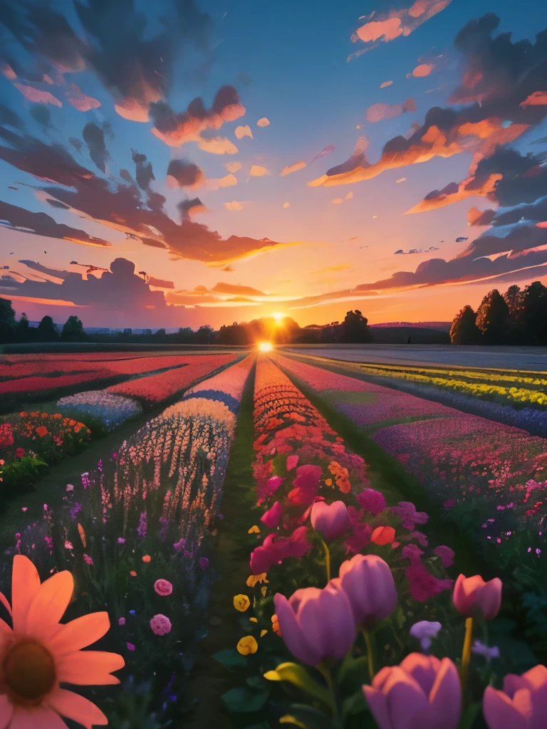 arafed view of a field of flowers with a sunset in the background, flower garden summer morning, beautiful border, in a cottagecore flower garden, cottagecore flower garden, lush flowery outdoors, incredibly beautiful, beautiful setting, beautiful lush colors, beautiful garden, flower garden, beautiful scene, flowers garden, very very beautiful!