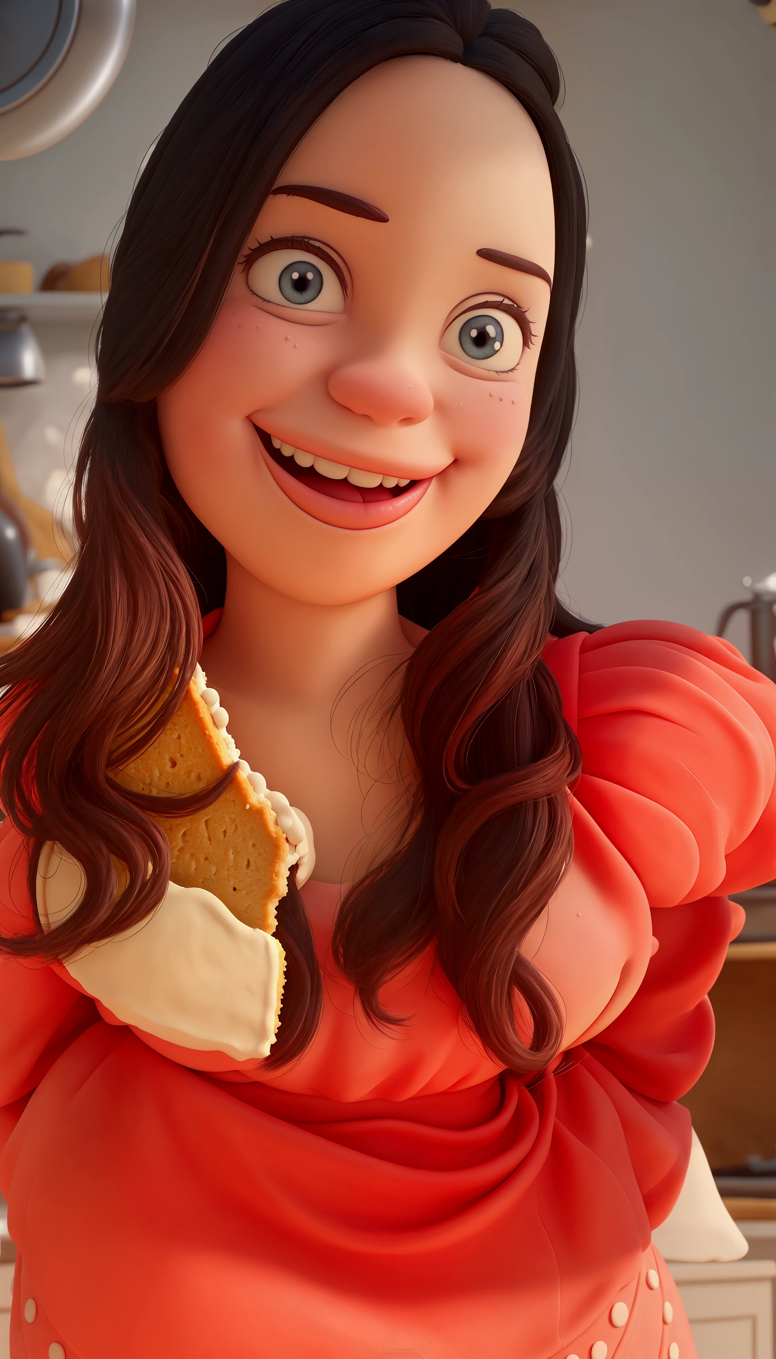 Happy Disney character-style woman in the kitchen baking a cake dressed as a baker with a slice of cake in her hand 