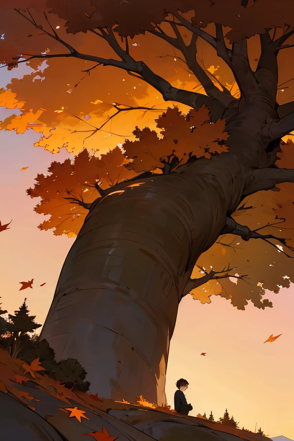 A large tree on top of the hill showing its side, so that the hill can be seen and also that a boy with bangs forward, with brown hair ,wearing black glasses and autumn clothes is sitting under it watching the leaves fall in a sunset