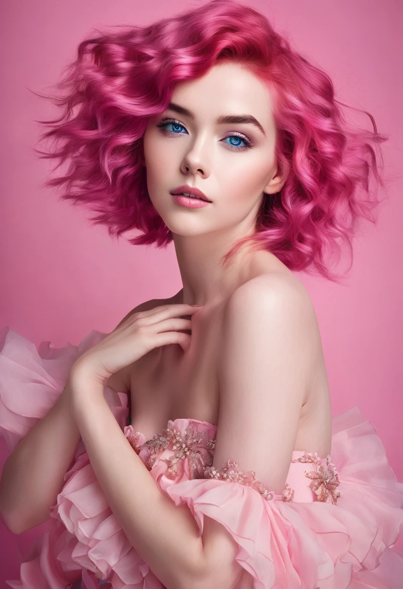 A beautiful young woman with flowing, pink hair and striking blue eyes poses against a vibrant pink backdrop. She wears a stylish pink dress with a ruffled bodice, which complements her delicate features and porcelain skin. Her pose is elegant and graceful, and her expression exudes a soft, alluring charm.