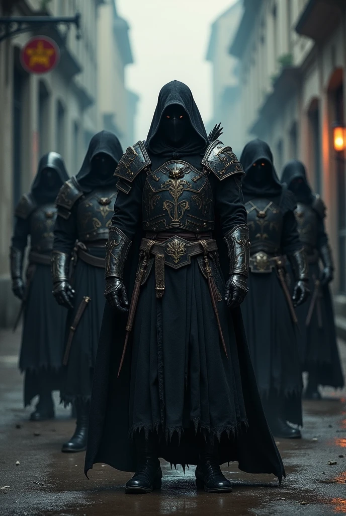 Unit of 6 imperial assassins, a group with several murderers, His armor is light, Decorated and adjusted (black). Instill fear, Everyone has a weapon in their hands., Each one is in a different position, They all have hoods and cloaks. torn clothes, torn by battles, They all have different masks, everyone has a different style of light armor
