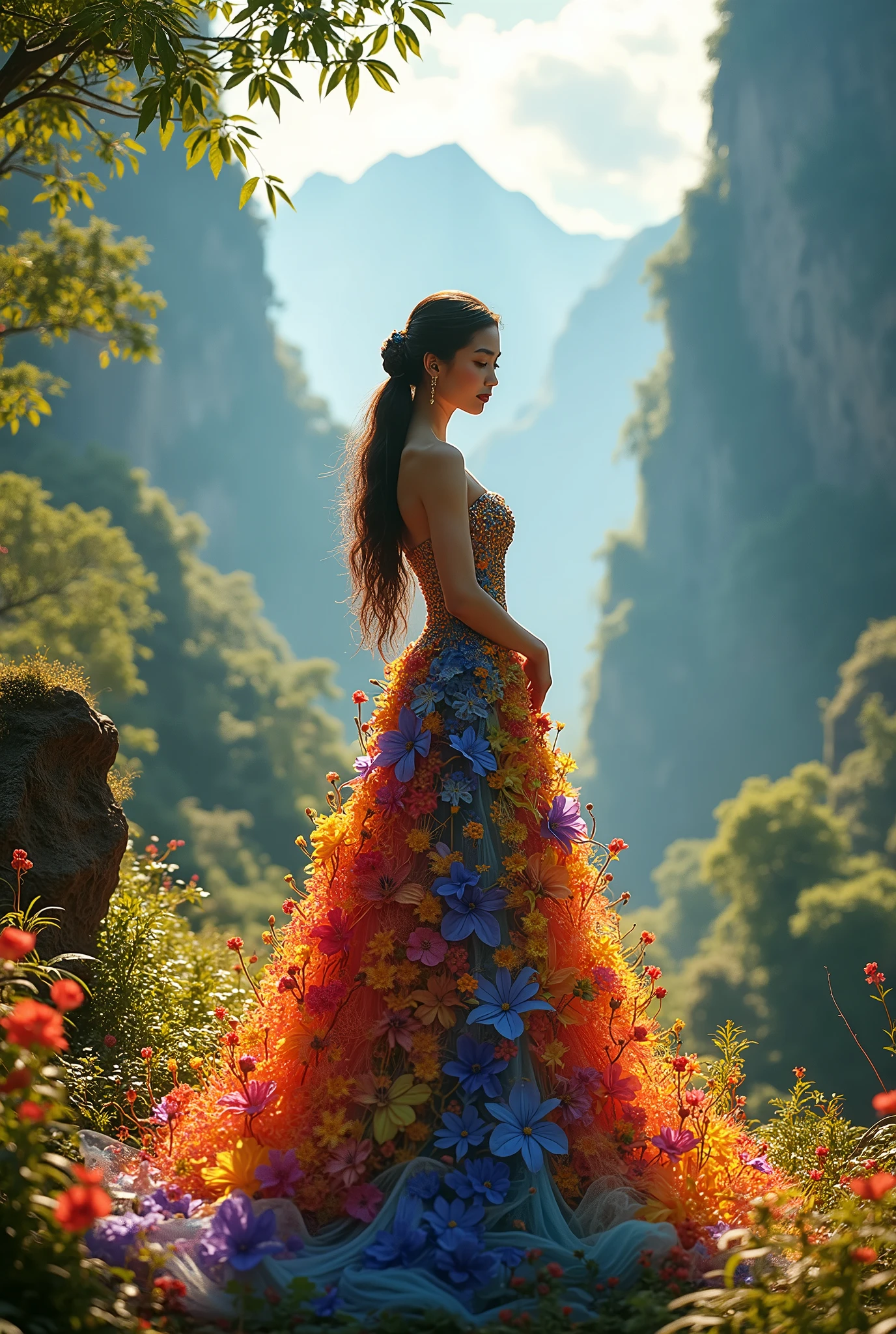 A Vietnamese woman with big breasts, wearing a dress made of flowers, under her feet and behind her is a forest of blooming flowers, with all kinds of flowers in many colors, each flower is blue, red, yellow, green, purple, with sunlight shining through the leaves, on the mountains in the distance are mountains with white clouds swirling around, wearing a gorgeous outfit, gorgeous dress, intricate dress, elegant fire dress, gorgeous and elegant, lavish dress, inspired by Hedi Xandt, gorgeous dress, intricate dress, gorgeous royal dress, gorgeous clothes, gorgeous dress, intricate and elegant, dress with intricate details, gorgeous, high heels, royal dress, detailed hands, Fire in the body, water on the dress, lightning element, fire element, lightning wings, full water, Transparent clothes, masterpiece, best quality: 1.2),, (8k, high resolution, RAW images, realistic, photorealistic: 1.3), (detailed skin texture, detailed cloth texture, detailed water, detailed trees, detailed textured flowers, detailed leaves, detailed colors, beautifully detailed faces: 1.25), professional lighting, photon mapping, beautiful soft lighting, brightness, physically based rendering, ray tracing, model shooting style, model shooting style, (Unity's super detailed 8k CG backgrounds), the world's most beautiful full body artwork,