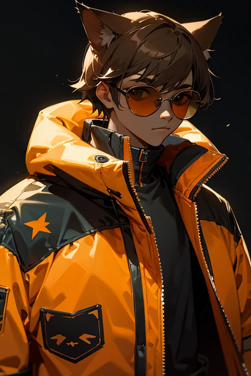 cat in a cool jacket with dark glasses on a dark background, orange puffer jacket, dark aviator sunglasses, The cat is dark with stripes
