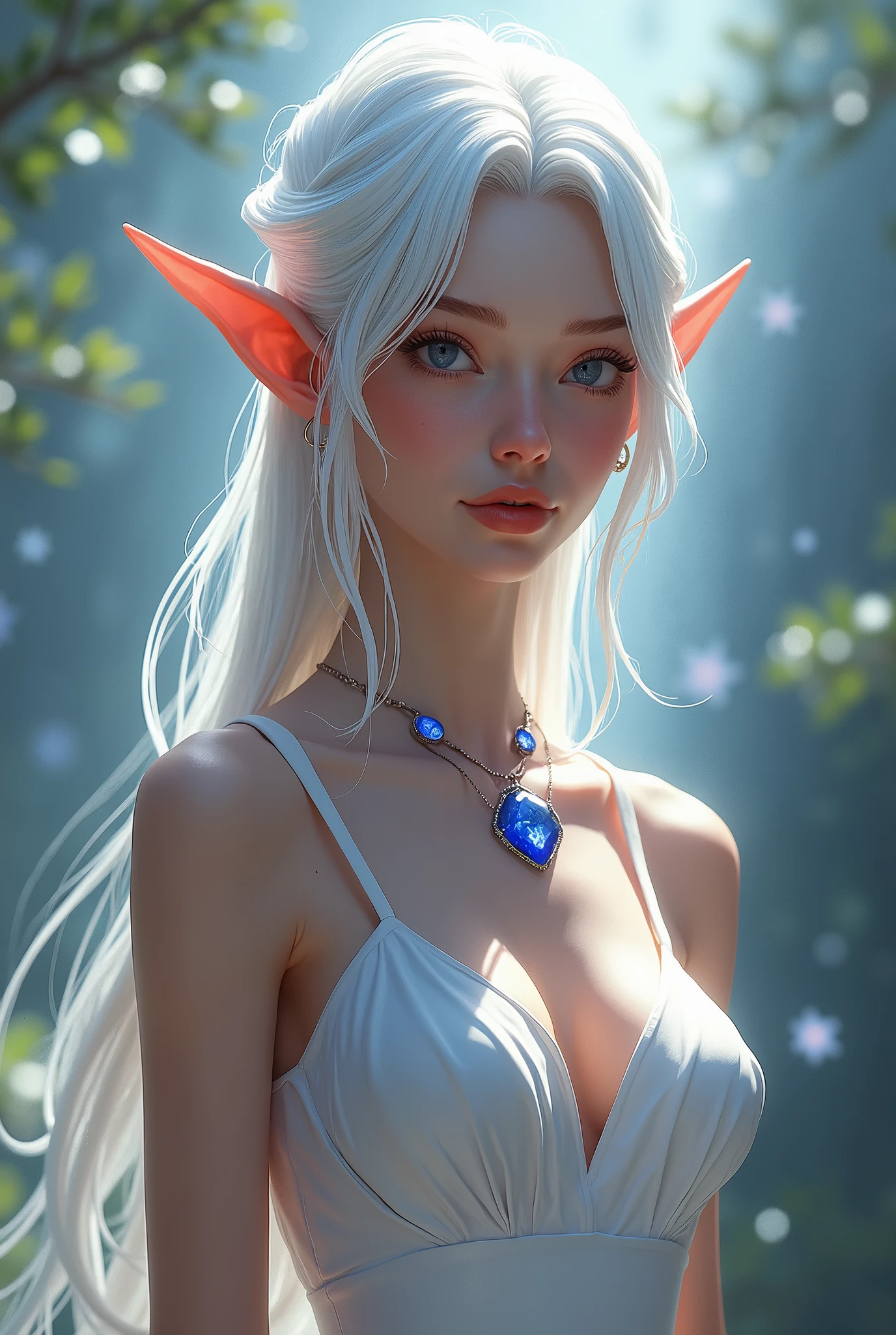 ((Elsa))((Elf)),((masterpiece)), ((best quality)), perfect, solo, huge breast, deep cleavage, lying down, ultra HD, realistic Adult woman, woman (30 years old), silver long hair, Blue maroon eyes contact, wearing Blue dress, roses petals, rose ornaments, red lips, realistic, beauty of goddess, gigantic breast, stare eyes, no expression, bold make-up, red background, realistic woman, pale skin