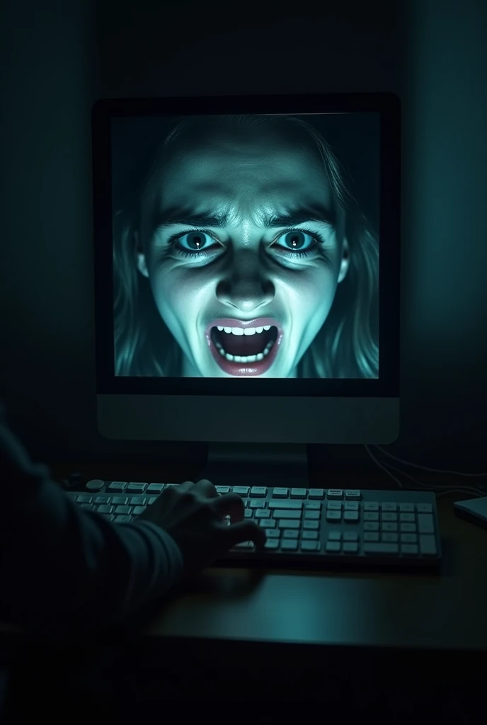 Make a face of fear on the computer screen when you see a message in a dark room 