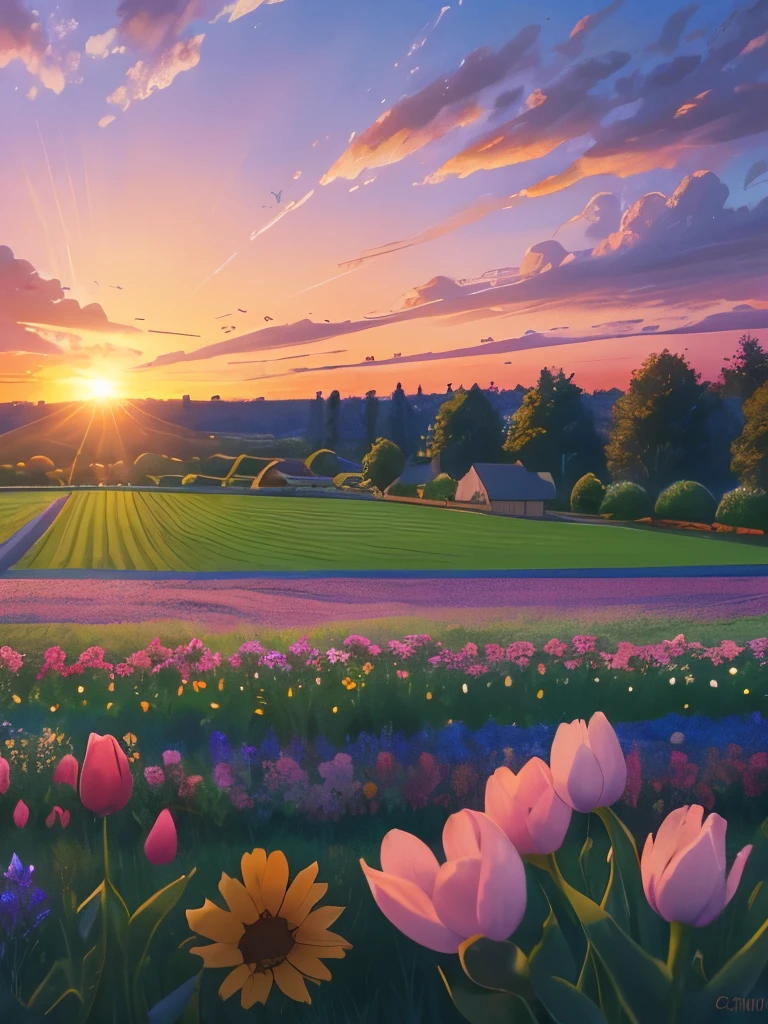 arafed view of a field of flowers with a sunset in the background, a pastel by Carol Bove, flickr, fine art, flower garden summer morning, beautiful border, in a cottagecore flower garden, cottagecore flower garden, lush flowery outdoors, incredibly beautiful, beautiful setting, beautiful lush colors, beautiful garden, flower garden, beautiful scene