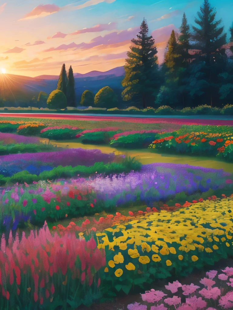 arafed view of a field of flowers with a sunset in the background, a pastel by Carol Bove, flickr, fine art, flower garden summer morning, beautiful border, in a cottagecore flower garden, cottagecore flower garden, lush flowery outdoors, incredibly beautiful, beautiful setting, beautiful lush colors, beautiful garden, flower garden, beautiful scene