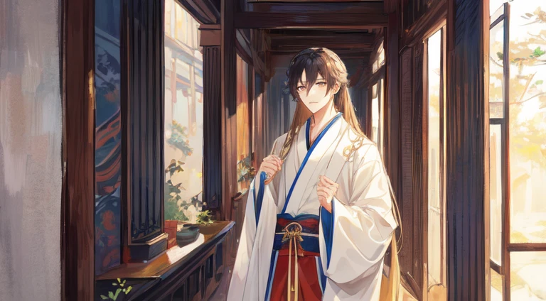 (very handsome :1.2), 8K,(masterpiece:1.0),(the best_quality:1.0),1 boy,male,man,Intricate details,Enlarged texture,和Intricate details,Delicate eyes and delicate face,和Intricate details,Seductive and captivating,Bright Light,The painting shows a man in palace clothes,Standing in the corridor of the Chinese-style palace,Flowing ancient costumes,Clear facial expressions,Beautiful character painting,Long flowing hair and robes,Chinese painting style,A beautiful fantasy art illustration,