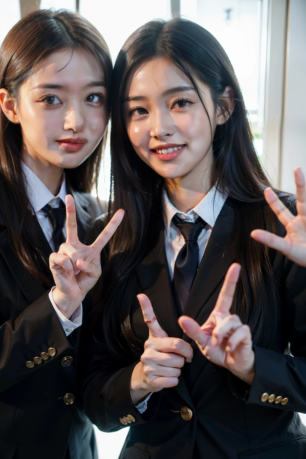 A photo of two high school girls in uniforms, making peace signs.。high resolution。cute。Beauty。Black Hair。live-action。