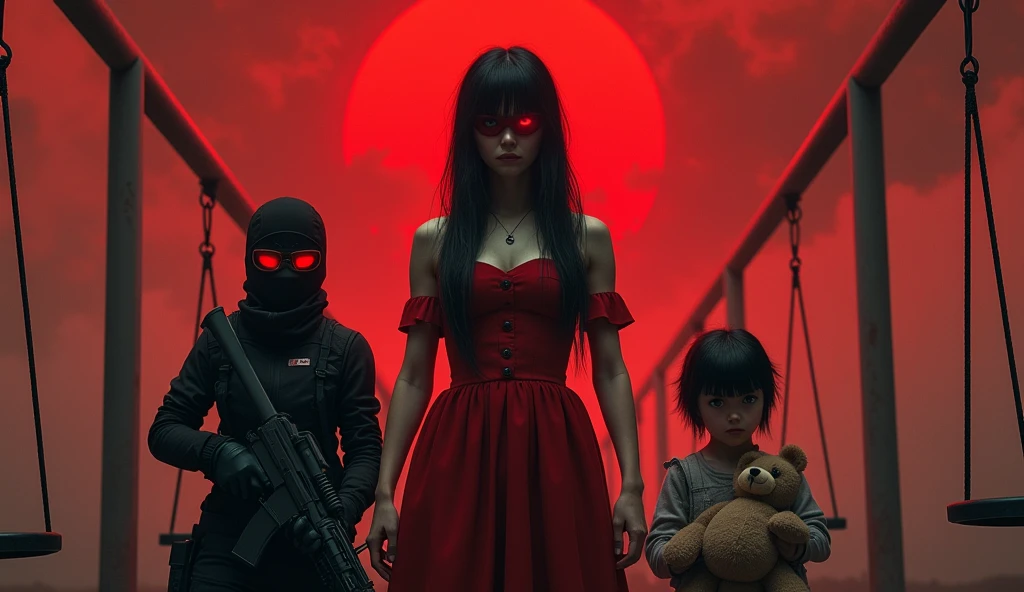 F.E.A.R. operative wearing tactical balaclava and red googles holding sub-machine gun standing with in red dress with tall black hair and pale skin. Her eyes glow red and her height is short. They both standing near the swings and look at chaotic red sky. She is holding plushie bear.