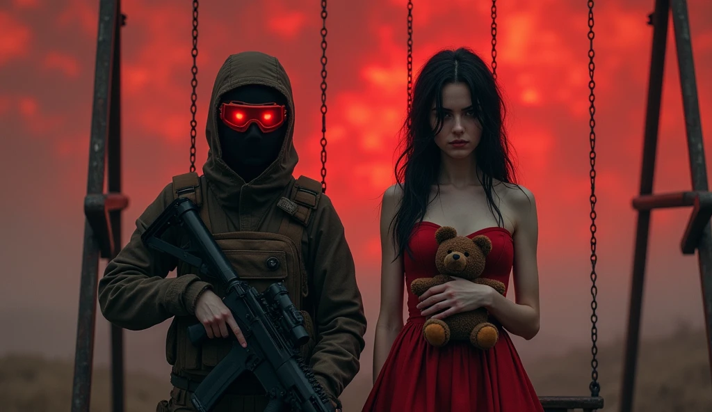 F.E.A.R. operative wearing tactical balaclava and red googles holding sub-machine gun standing with in red dress with tall black hair and pale skin. Her eyes glow red and her height is short. They both standing near the swings and look at chaotic red sky. She is holding plushie bear.