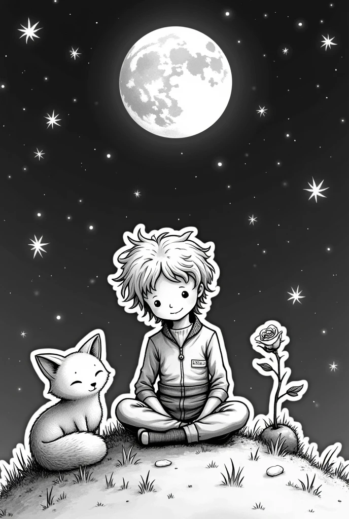 Black and white sticker style image of the petit prince sitting with the fox and the rose watching the moon and stars