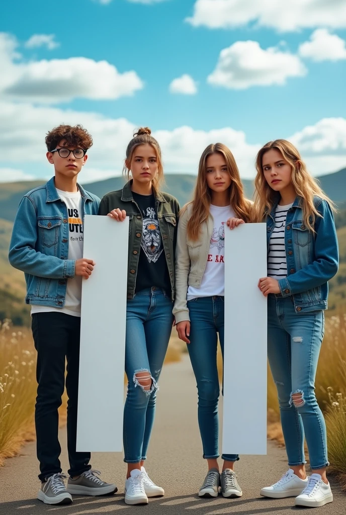 I believe that 4 young people, that they are holding a sign that measures 30cm wide and is very long and that the people are wearing normal street clothes. And let it have a landscape background. With eyes open without smiling. Or with glasses