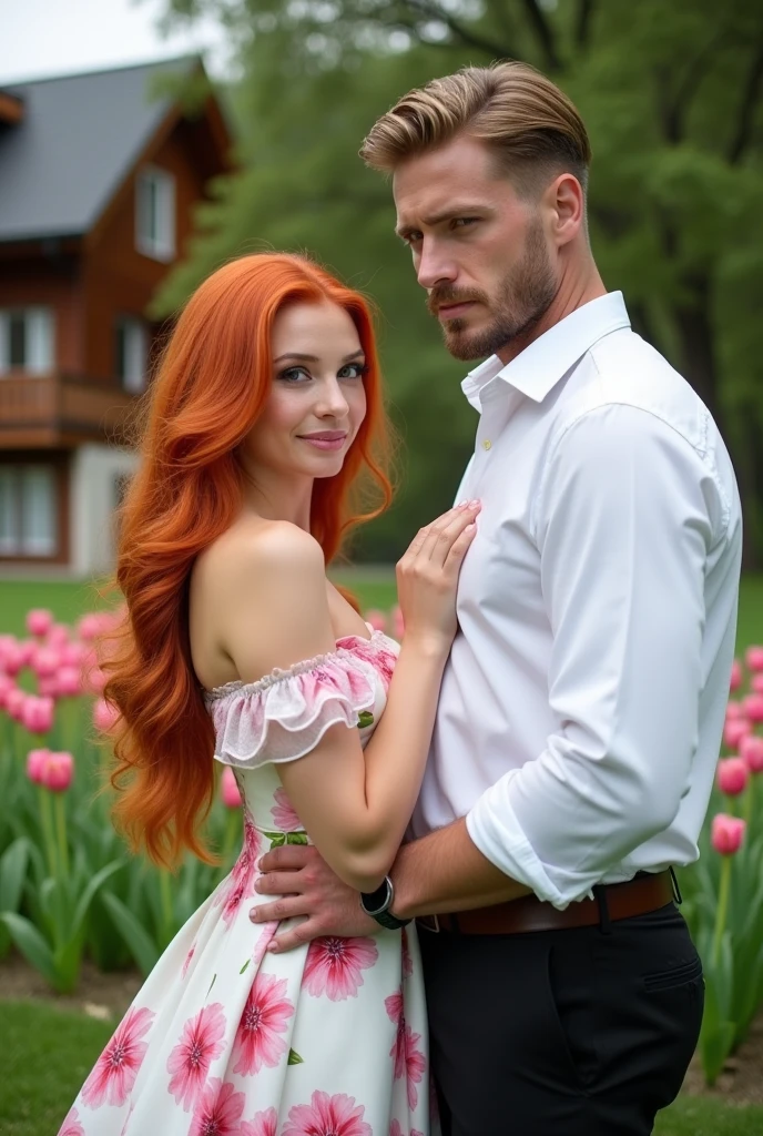 A woman with large hips and small breasts, she is beautiful with long, red hair, cheeks full of freckles and red.. Dressed in a white dress swirled with pink tulips.

A handsome man of 38 years old with short, dark blonde hair, Striking green eyes, his sculpted jaw and stubble he is handsome with black dress pants and a white button-down shirt.

They are facing each other and in the background there is a large and beautiful chalet.