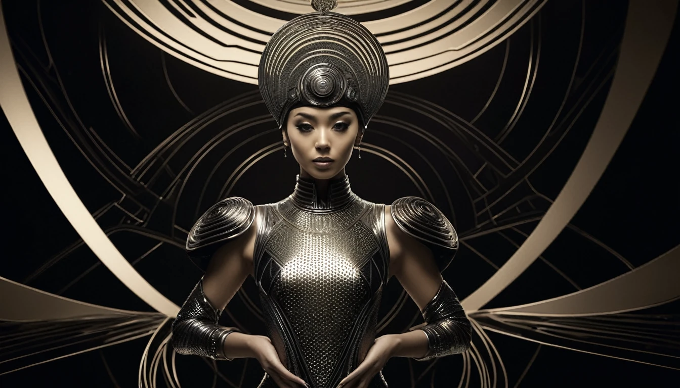 Very old photograph only in sepia color, Image is a stylized, futuristic portrait featuring a woman standing against a complex, circular, black and black geometric background. The woman has fair skin, short wavy dark hair, and striking facial features with a focused expression. She is adorned in a metallic, grid-like bodysuit that covers her torso and arms, with matching metallic accessories on her wrists and a headpiece. The intricate design of her outfit and the background suggests a sci-fi or cyberpunk theme, with the circular pattern behind her adding depth and a sense of technology. cgsociety, art deco, 1920s, hyperdetail, 1920s Tron film, digital illusions, photorealistic, artistic visuals inspired by Fritz Lang. ((cinematic film)), ultra-detailed, chiaroscuro, RAW photo, cinematic, artstation style, concept art, masterpiece, 8k, black and white, realistic textures, 3d rendering