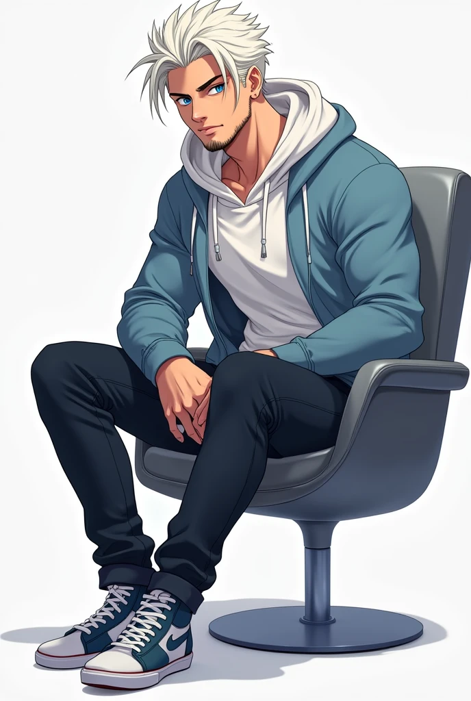 man of 20 years sitting on chair facing forward, hair color is white,skin color is white ,blue eyes , dress is hoodie , man should be have  beard , eyes and face should be facing forward, character be like anime , having healthy body