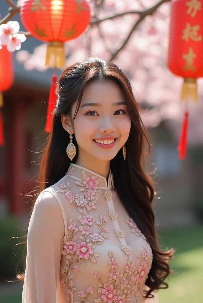 Young beautiful women looked Chinese smiling with ears in ear and beautiful dress