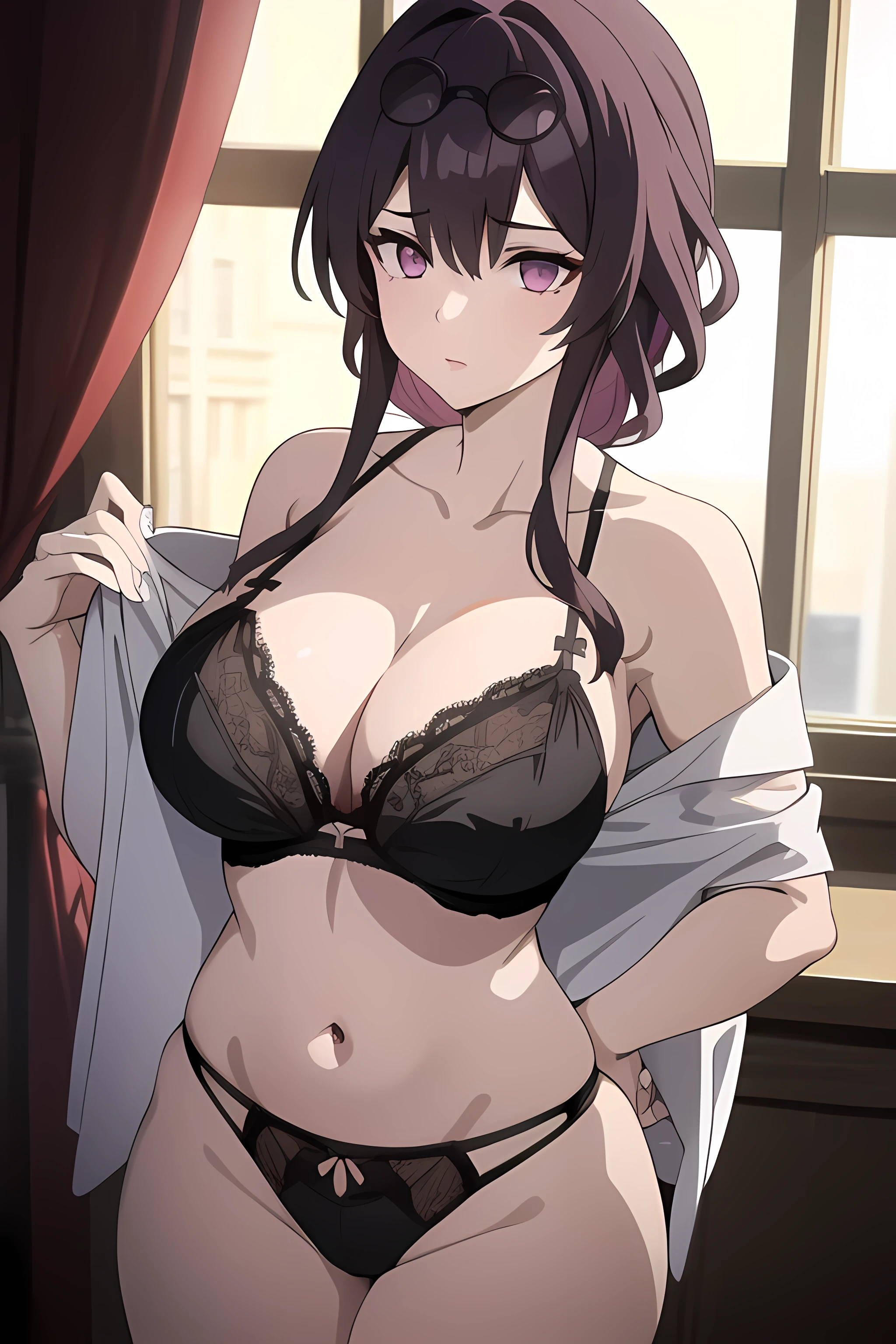 1girl, solo, female, sunglasses, eyewear on head, bare shoulders, jewelry, black-colored lace bra, black-colored lace panties, black-colored lace lingerie, big breasts, shining breasts, rounded breasts,