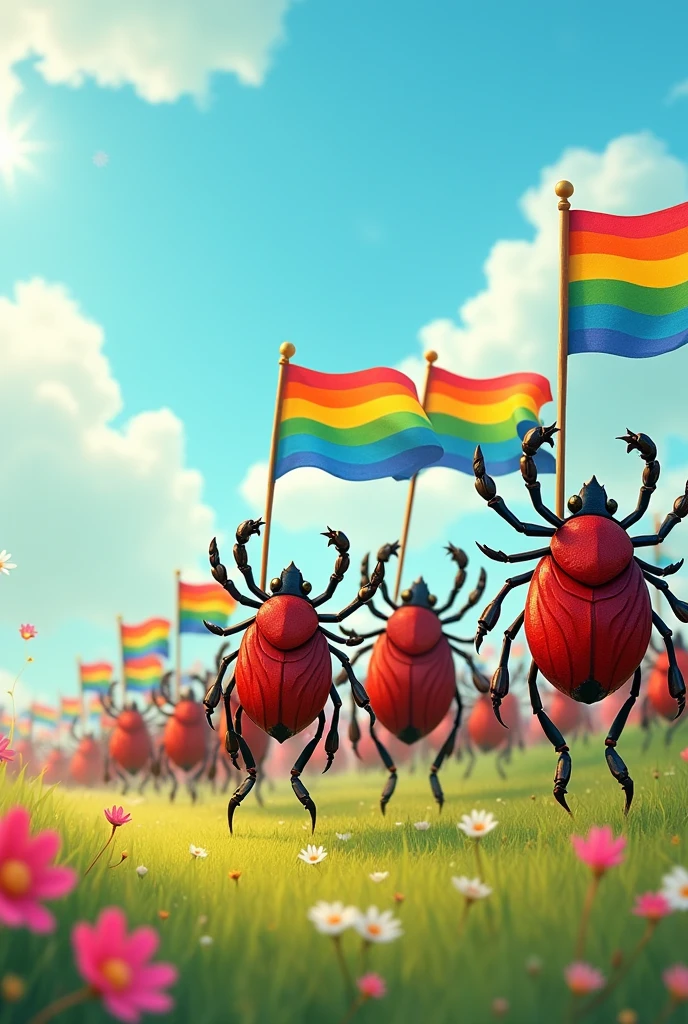 Create an image of an army of hundreds of ticks marching with rainbow flags. ( The ticks should run on all their legs )